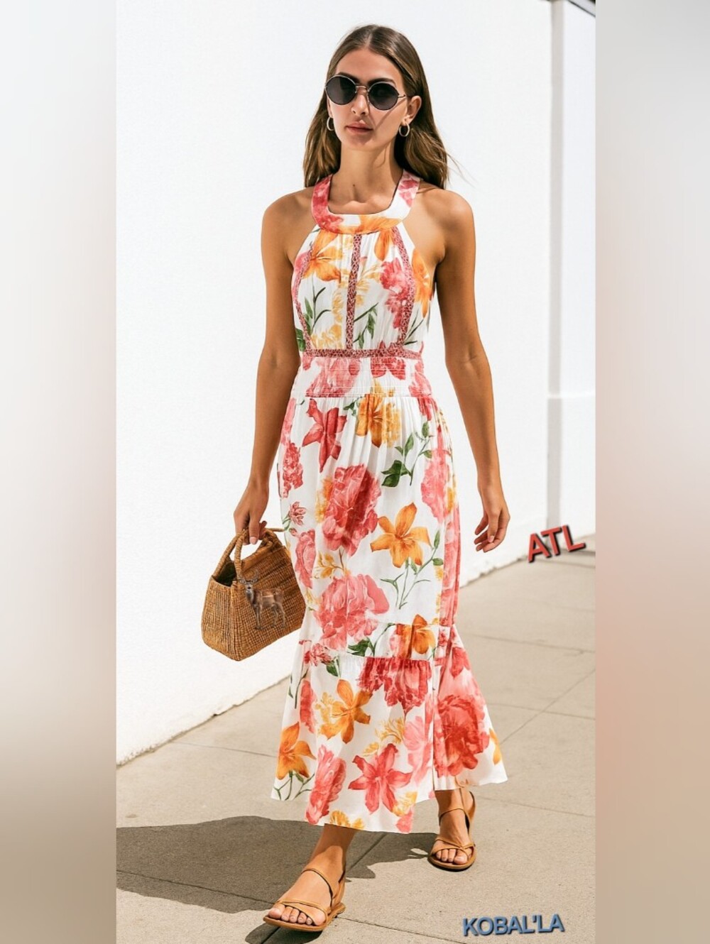 ANTHROPOLOGIE🐞ATL White Floral Halter Neck Maxi Dress with Smocked Waist Sz: M